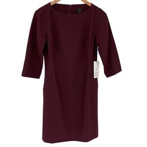 Ann Taylor 3/4 Sleeve Knee‎ Length Sheath Dress Women 2 Petite Burgundy Business